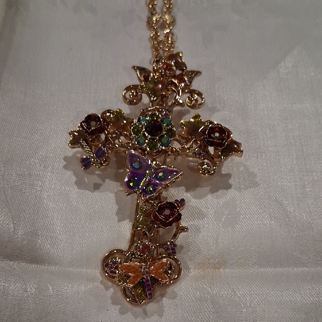 Kirks Folly Gold Cross Necklace With Colorful Accents ** Butterflies & Dragonfly